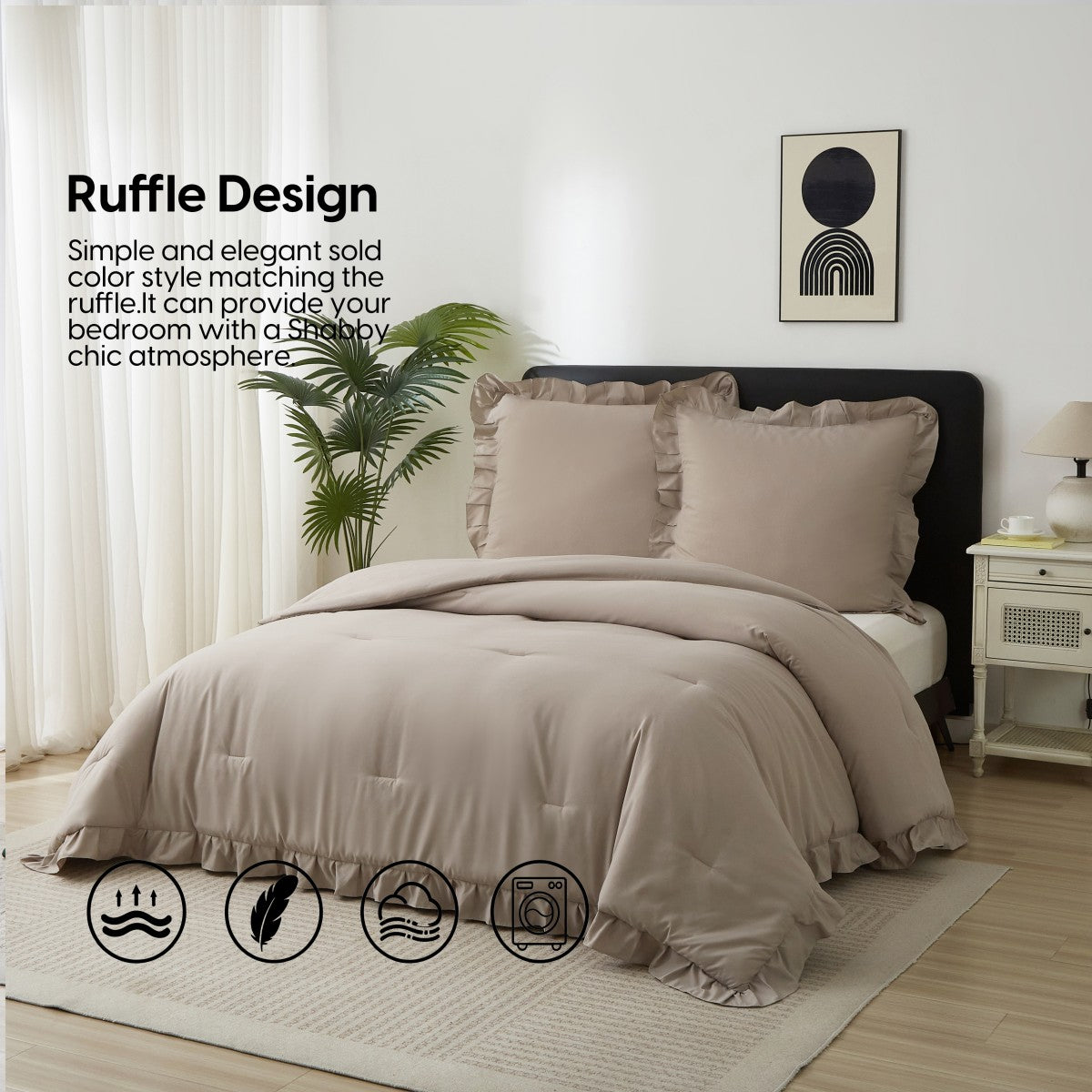 MEEALLHOME Parure de lit vintage à volants blé - 1 housse 240 x 220 cm et 2 taies 65 x 65 cm