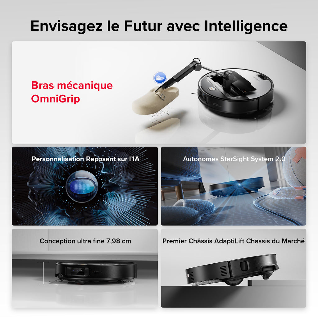 roborock Saros Z70 Aspirateur robot avec fonction de lavage, bras OmniGrip, prise en charge par IA, puissance d'aspiration de 22 000 Pa, ultra-fin de 7,98 cm, support FlexiArm