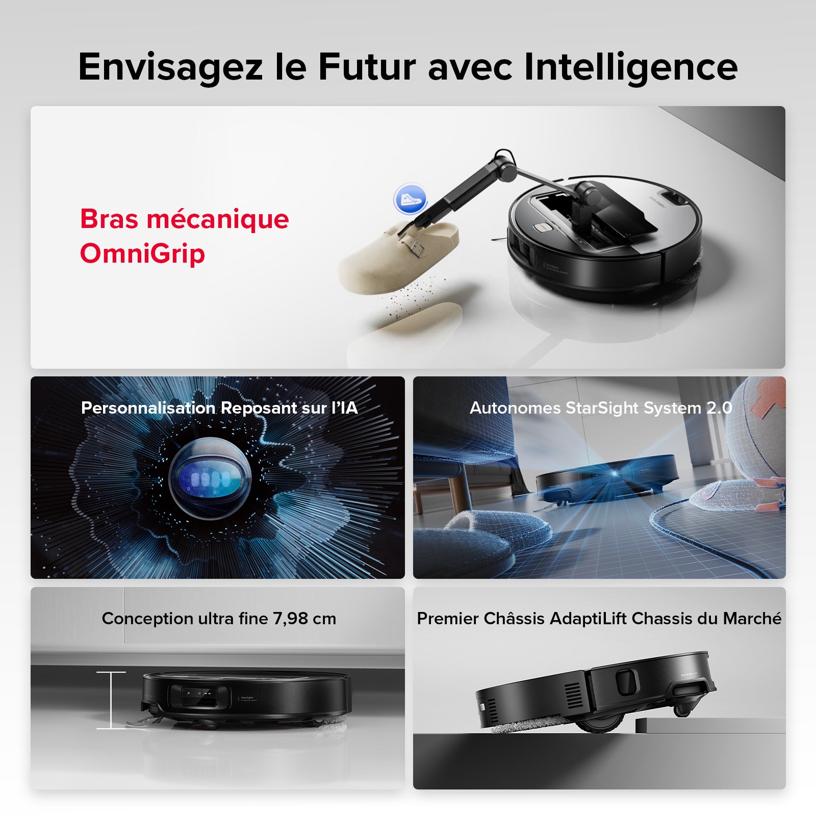 roborock Saros Z70 Aspirateur robot avec fonction de lavage, bras OmniGrip, prise en charge par IA, puissance d'aspiration de 22 000 Pa, ultra-fin de 7,98 cm, support FlexiArm