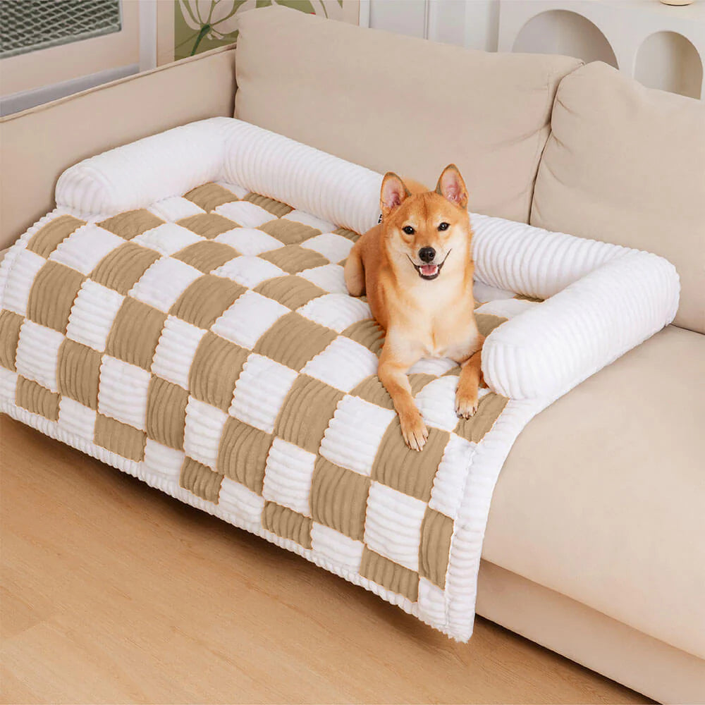 FUNNYFUZZY Tapis confortable carré à carreaux Crème Protecteur de meubles pour chien chat Taille S Café