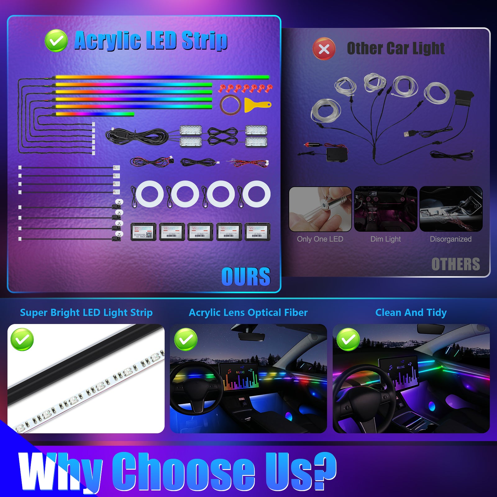 Dream+color Kit d'éclairage 593 LED pour intérieur de voiture en acrylique avec application sans fil, 22-en-1 - 444,5 cm