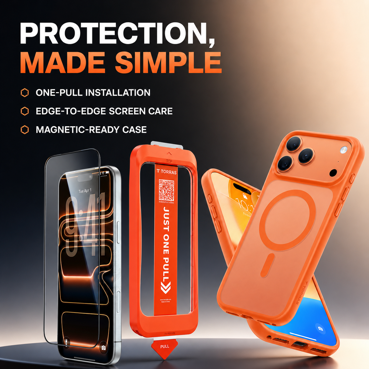 TORRAS Install Master Clear Screen Protector for iPhone 17 Pro + Guardian-Magnetic Orange Case