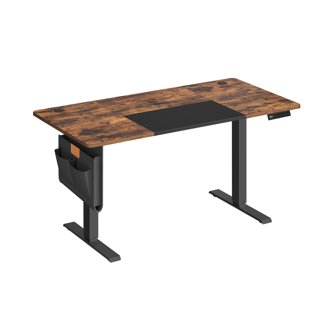 JOYFURNOS Bureau électrique avec 4 préréglages mémoire, 140 x 60 cm, réglage de hauteur continu, port USB-C, marron vintage et noir encre