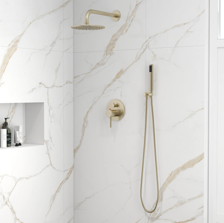 Homary Système de douche mural 250 mm, finition or brossé, avec douchette, en laiton massif