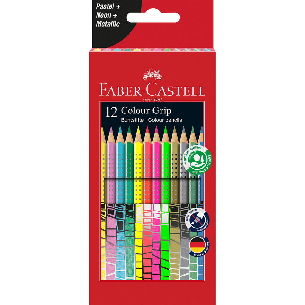 Faber-Castell Colour Grip Lot de 12 crayons de couleurs - Pastel, néon et métallique