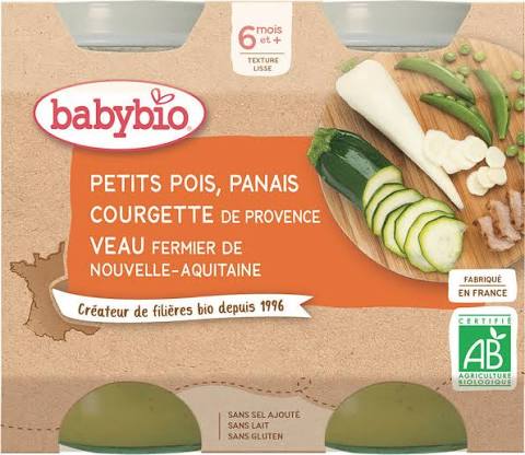 BABYBIO Pot petits pois panais courgette veau 2x200g