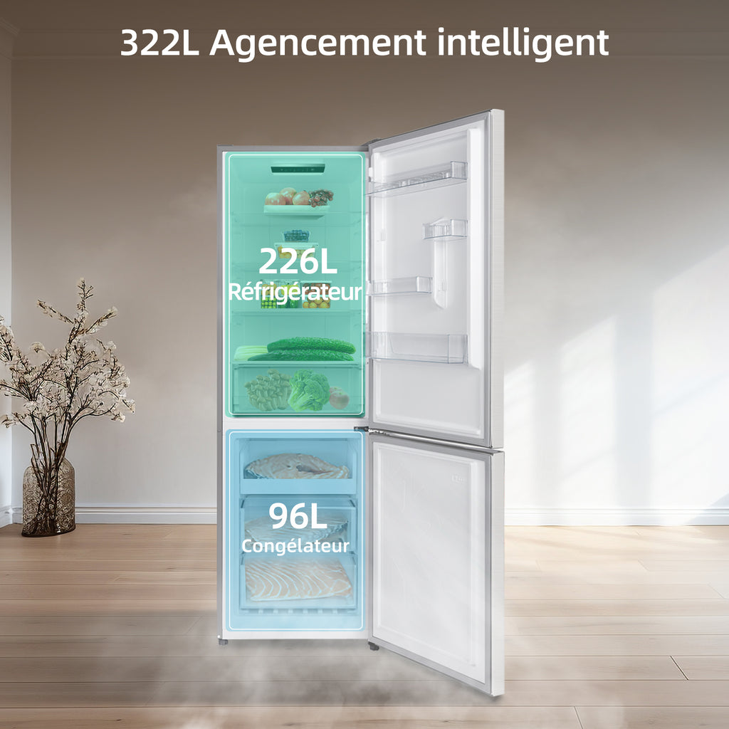 CHiQ JR318WSD Réfrigérateur-congélateur combiné 322 L, Froid ventilé, Multi-flux d'air, Congélation 4 étoiles, Compresseur à inverseur 37 dB, Réfrigérateur 226 L et congélateur 96 L