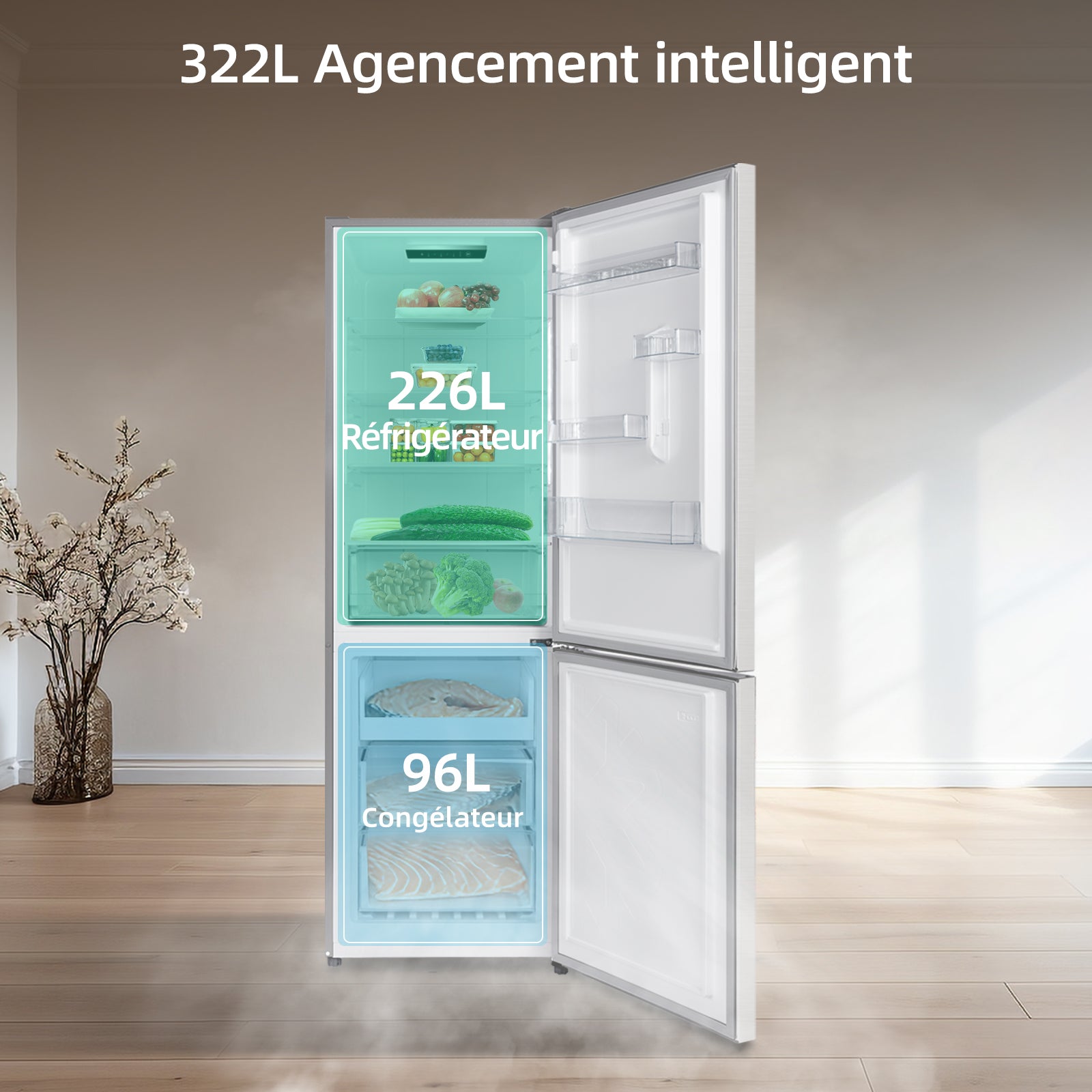 CHiQ JR318WSD Réfrigérateur-congélateur combiné 322 L, Froid ventilé, Multi-flux d'air, Congélation 4 étoiles, Compresseur à inverseur 37 dB, Réfrigérateur 226 L et congélateur 96 L