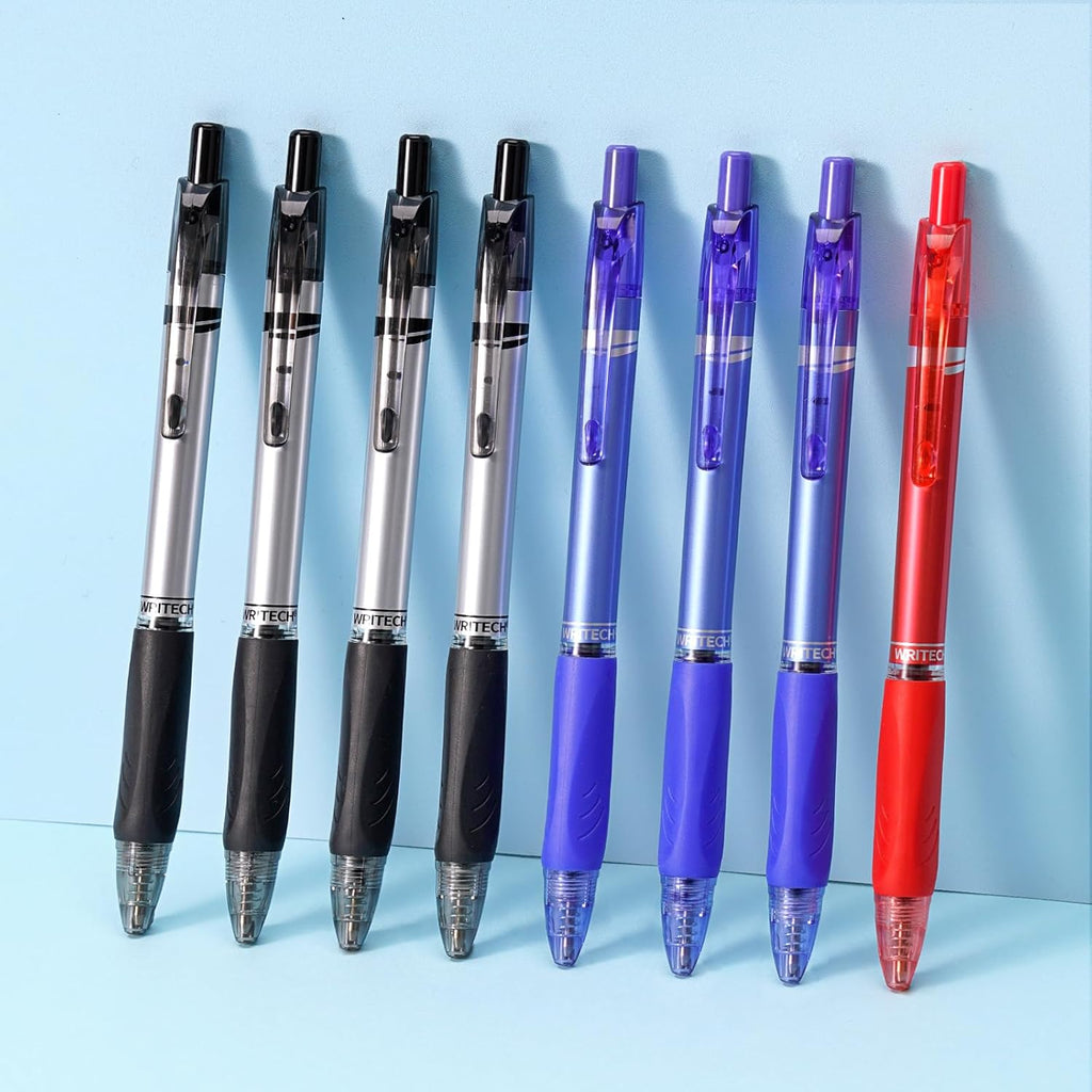 WRITECH Lot de 8 stylos à bille rétractables, pointe moyenne 1,0 mm, encre noire, bleue et rouge, écriture fluide, encre à faible viscosité