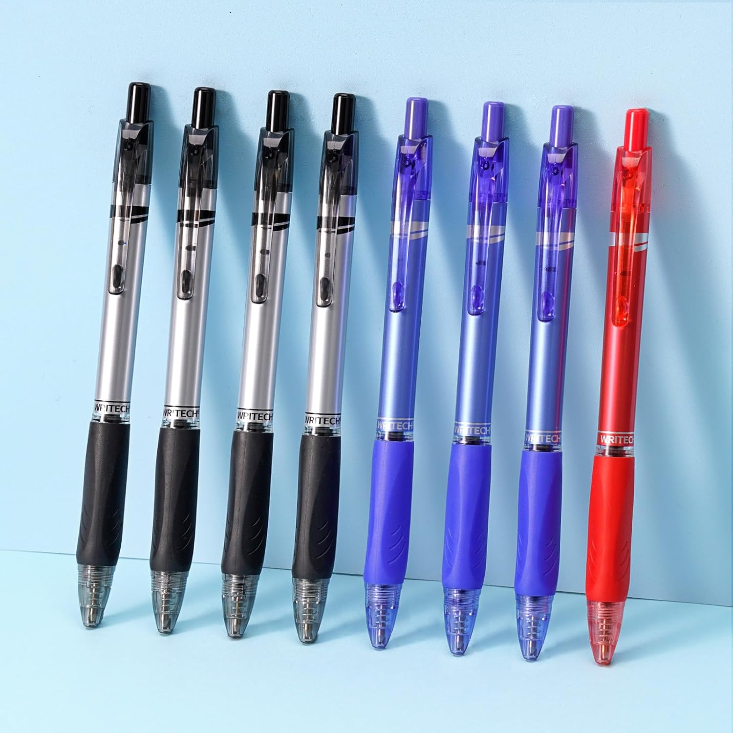 WRITECH Lot de 8 stylos à bille rétractables, pointe moyenne 1,0 mm, encre noire, bleue et rouge, écriture fluide, encre à faible viscosité