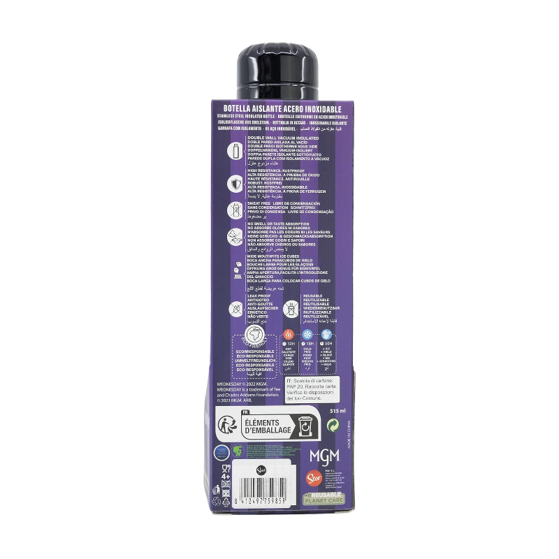 Stor Mercredi Gourde isotherme en acier inoxydable noir et violet - 515 ml
