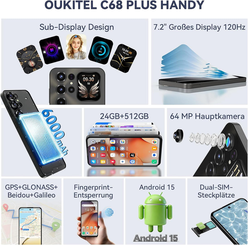 OUKITEL C68 Plus (8+512) 7,2 pouces Batterie 6000 mAh 9,5 mm Corps ultra-fin Smartphone Noir Double SIM