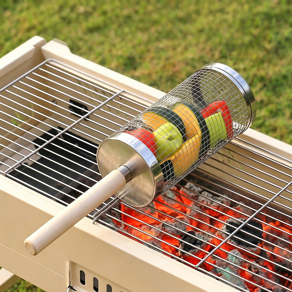 Huacan Panier rond à barbecue, Seau de barbecue d’extérieur, Cage de fumage pour barbecue portable, Panier roulant rotatif en acier inoxydable, Petit