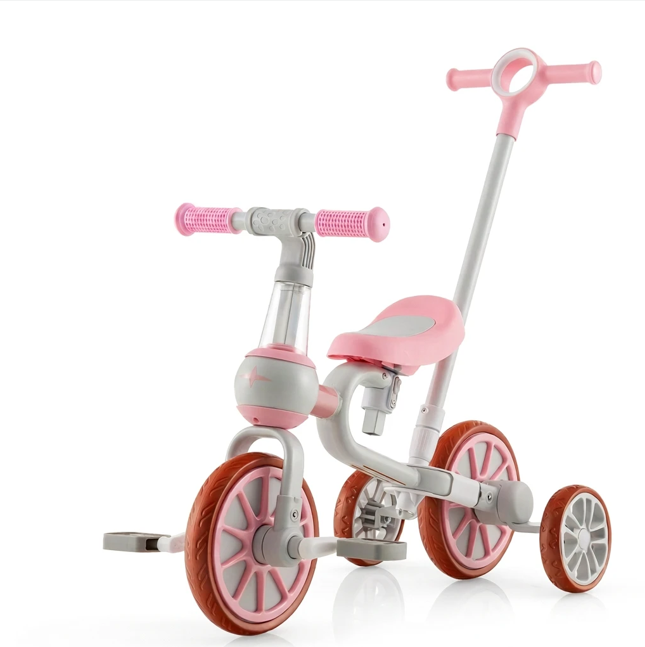 Costway Tricycle enfant 4-en-1 avec barre de poussée parentale réglable, adapté aux 2-4 ans - Rose
