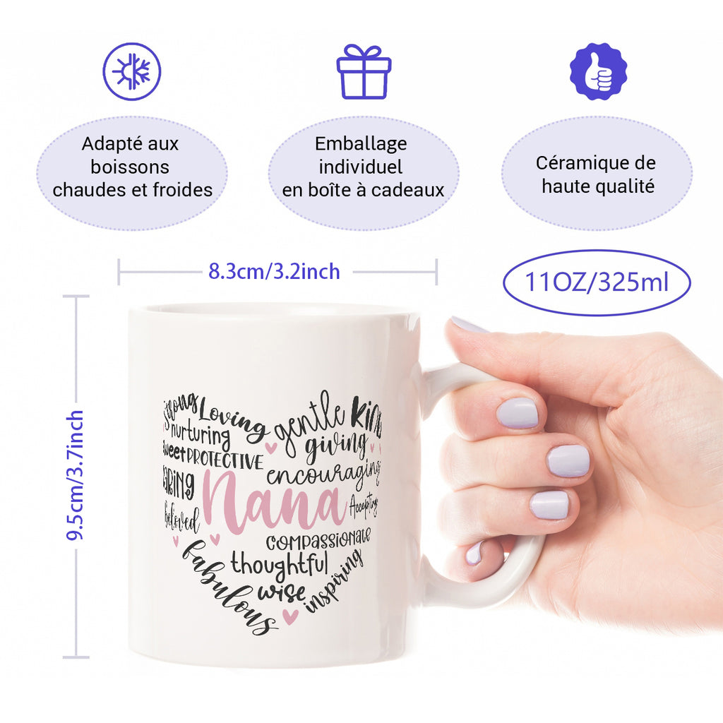 Alphynix 1 pièce mug hommage à mamie, tasse à café en céramique 11 oz avec cœur de mots d’amour, meilleur cadeau pour mamie, cadeau pour grand-mère anniversaire Noël Saint-Valentin