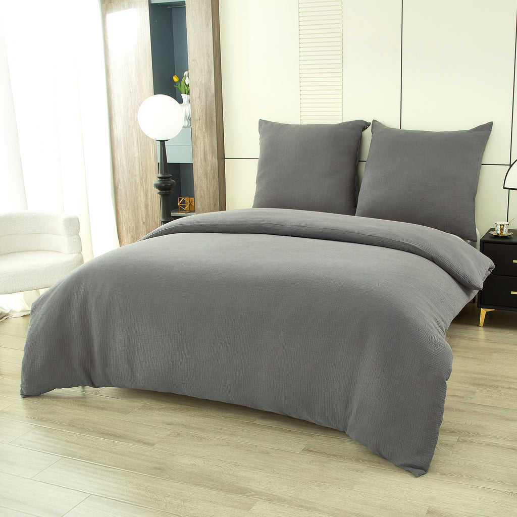 Ensemble housse de couette et taies d'oreiller en double gaze de coton, gris foncé, 200 x 220 cm + 80 x 80 cm x 2