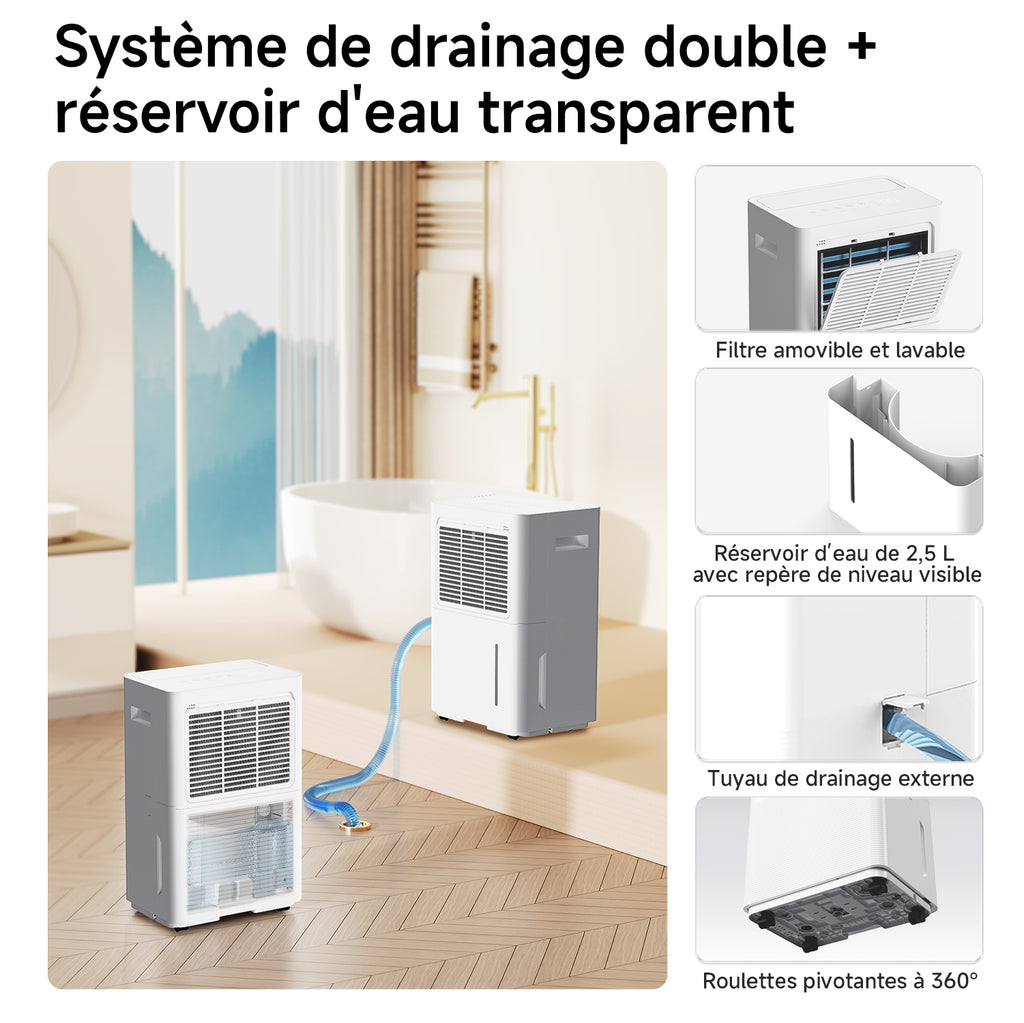 VINO Déshumidificateur intelligent, Commande Wi-Fi, 20 L/jour, R290, Économe en énergie, Réservoir 2,5 L, Idéal pour pièces de 40 m²