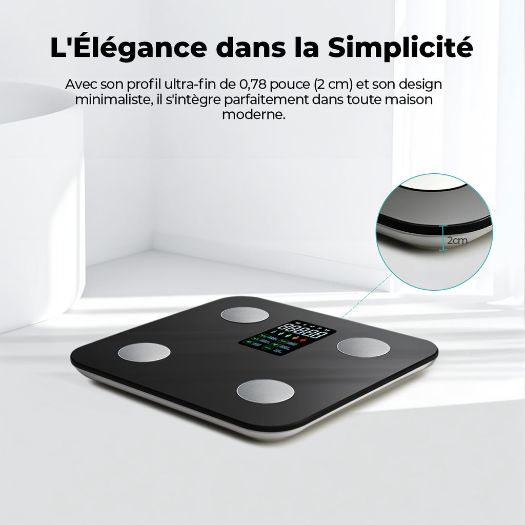 Sparoma ZJ08 Balance de salle de bain numérique avec écran LCD couleur – Alimentée par piles (4 × AAA non incluses), moniteur Bluetooth de graisse corporelle et de fréquence cardiaque avec suivi par application