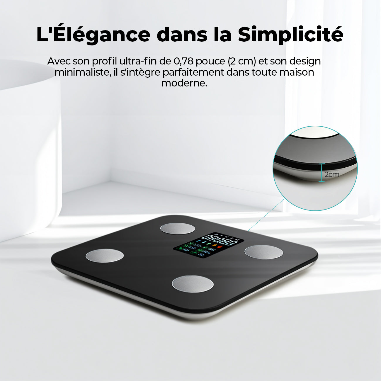 Sparoma ZJ08 Balance de salle de bain numérique avec écran LCD couleur – Alimentée par piles (4 × AAA non incluses), moniteur Bluetooth de graisse corporelle et de fréquence cardiaque avec suivi par application