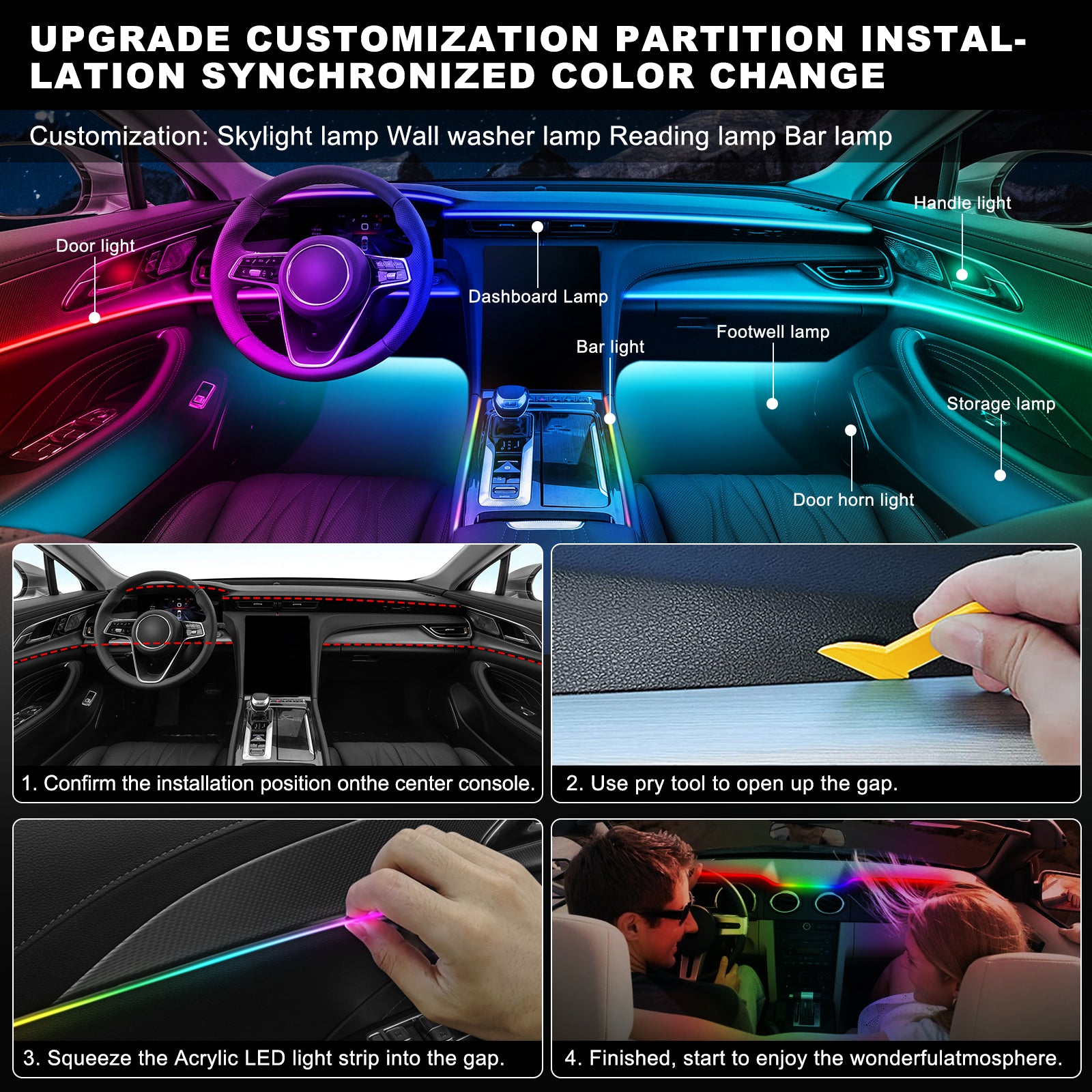 VGETTING Dreamcolor Ruban lumineux LED en acrylique pour intérieur de voiture avec application sans fil, RVB 14-en-1, 175 po, 600 LED