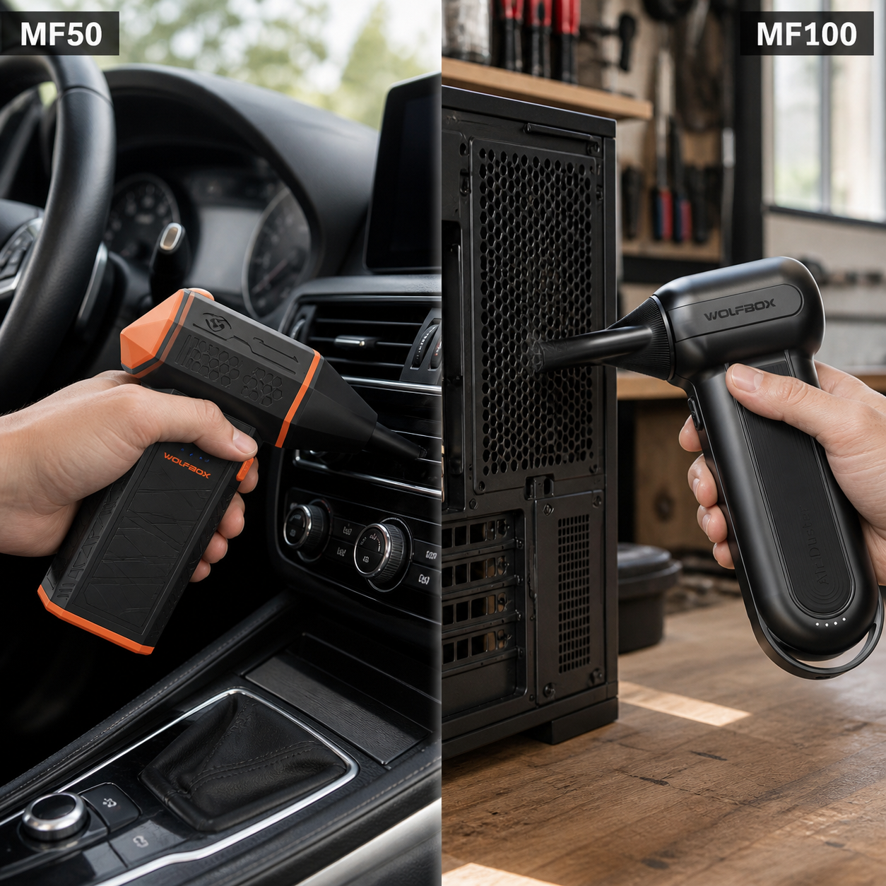 MF50 + DF100 (MF100-Noir) Pack d'air souffleur électrique WOLFBOX, Mini souffleur d'air pour voiture 110 000 tr/min + Souffleur sans fil sans balais 150 000 tr/min pour ordinateur