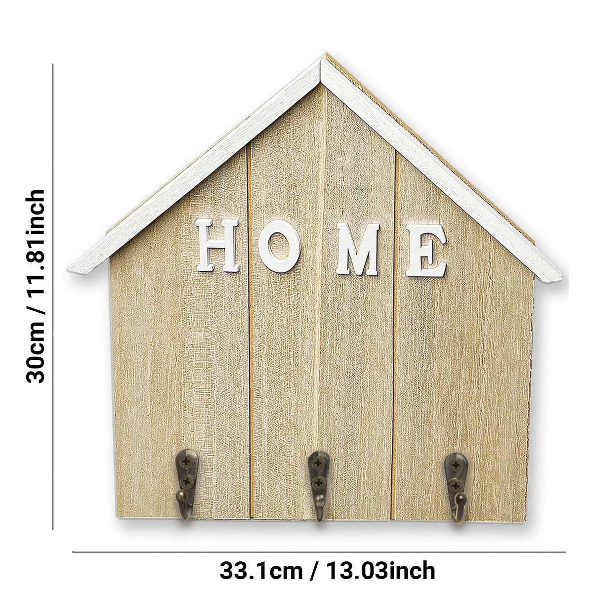 Alphynix Porte-clés en forme de maison 1 pièce, organisateur mural "MAISON" avec 3 crochets en métal vieilli, rangement d’entrée pour clés et courrier, bois