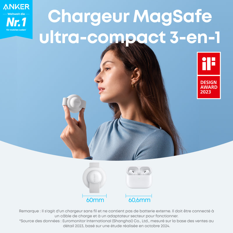 Anker MagGo station de charge sans fil 3 en 1, compatible MagSafe, certifiée Qi2 15W, chargeur de voyage pliable, pour iPhone 17/16/15/14, AirPods, Apple Watch (chargeur USB-C inclus)