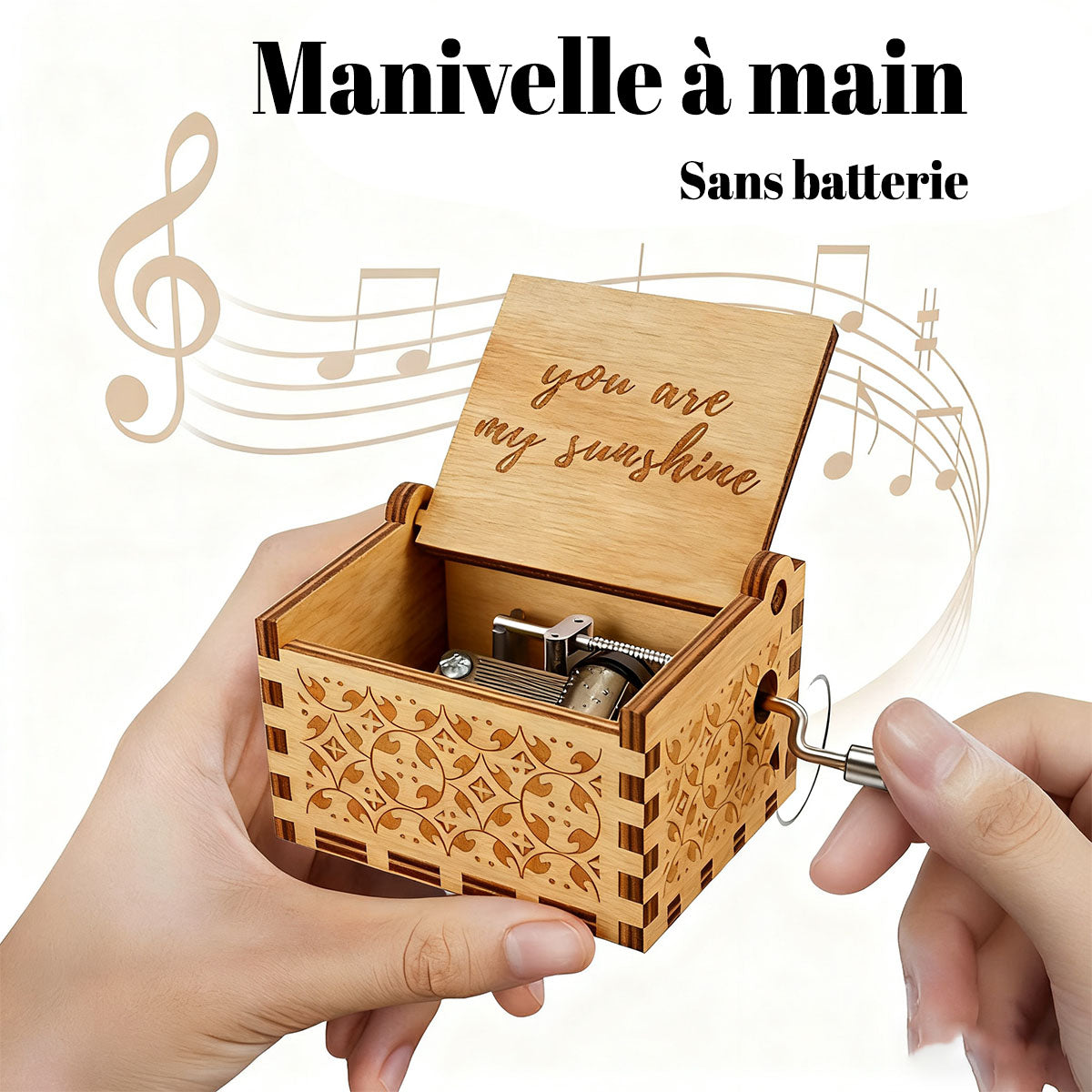 Alphynix Boîte à musique à manivelle 1 pièce, Intérieur gravé "Tu es mon rayon de soleil", Cadeau musical rétro en bois avec motifs floraux sculptés