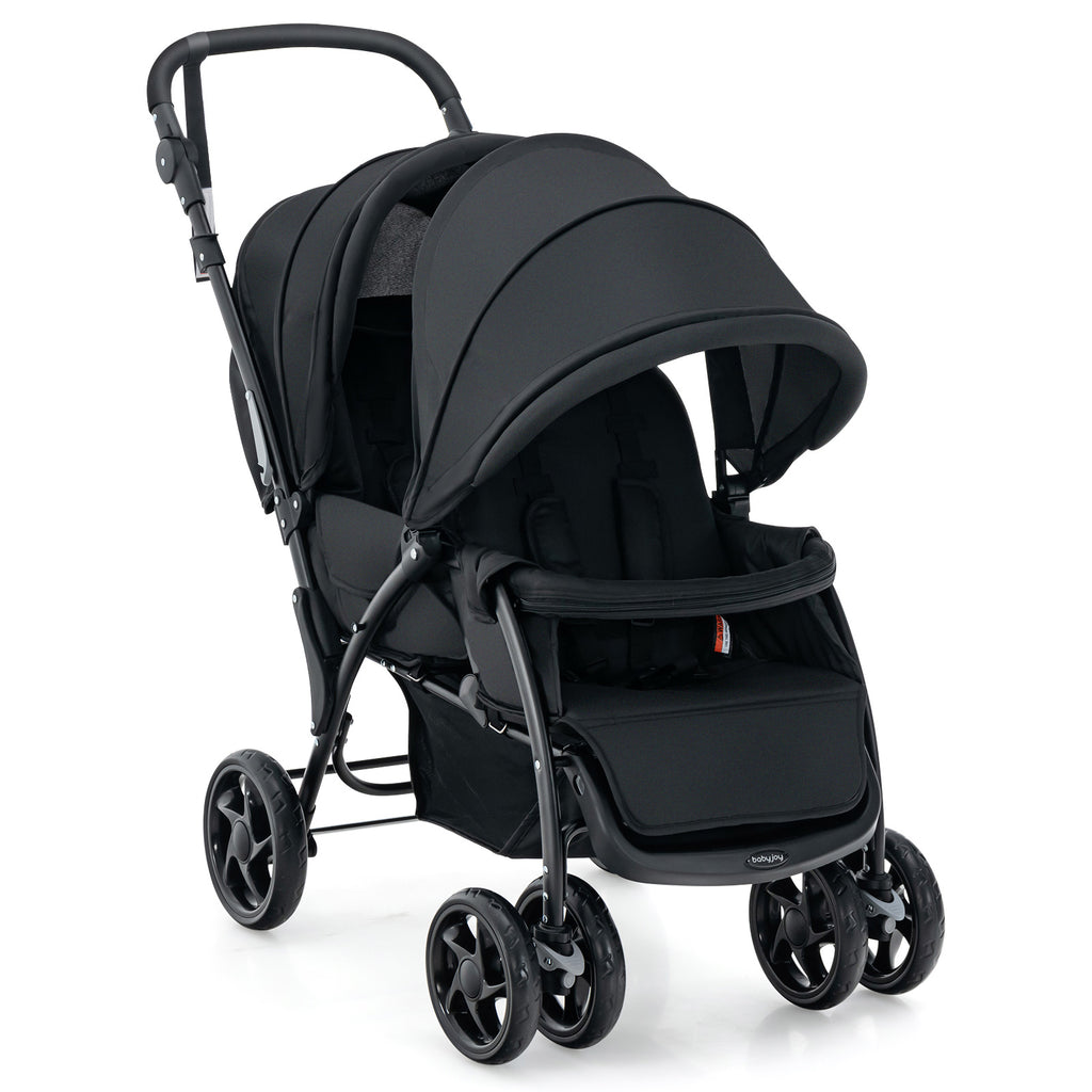Poussette jumelle pliable Sibling avec dossier réglable et pare-soleil, capacité de charge 30 kg, noir