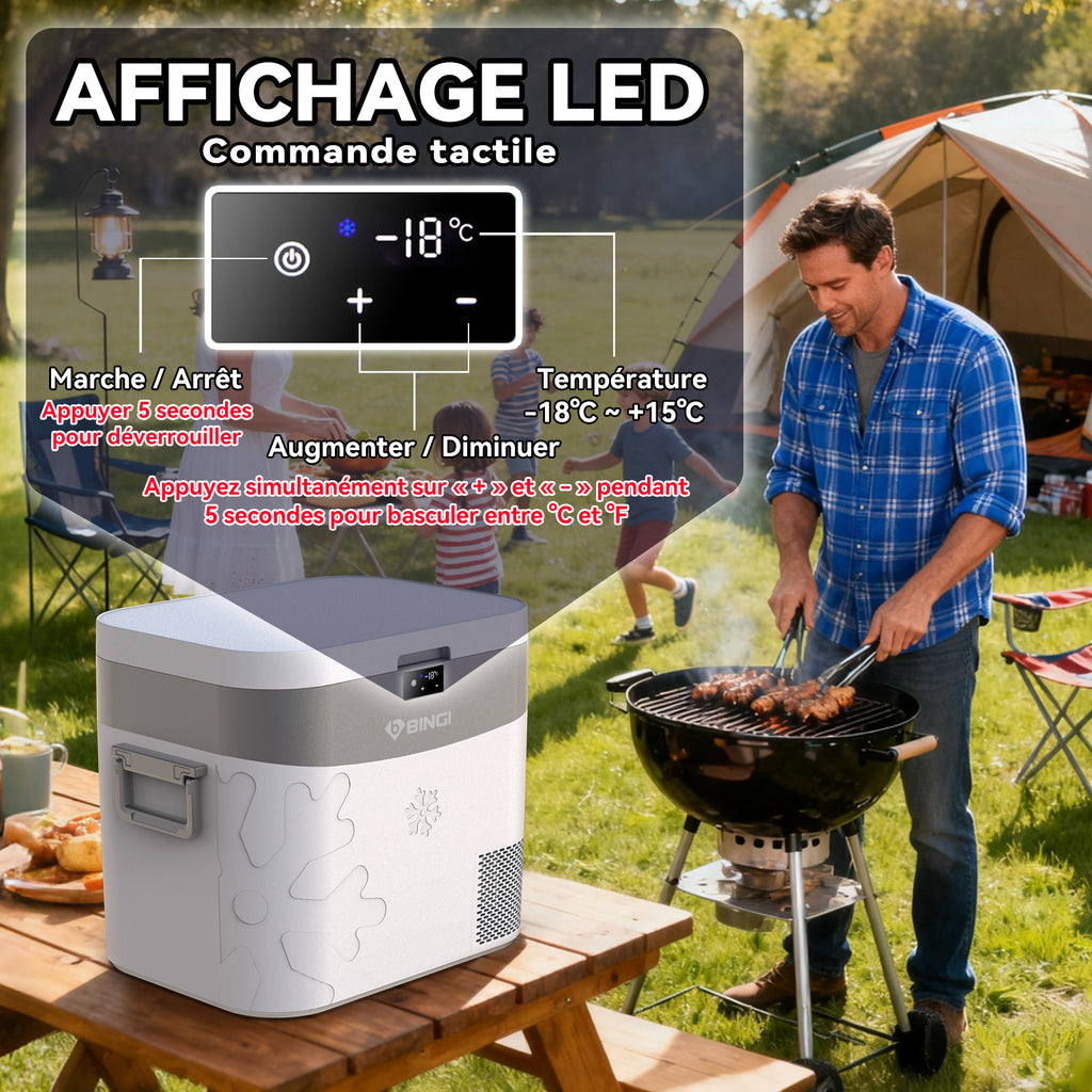 BINGI Réfrigérateur-congélateur portable pour voiture 22 L, double alimentation 12 V/24 V CC et 100-240 V CA, température réglable de -18 ℃ à 15 ℃