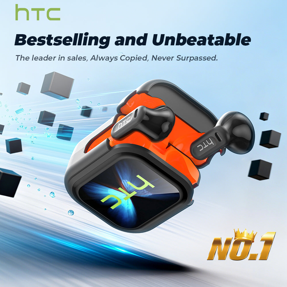 HTC NE20 Écouteurs de traduction sans fil Bluetooth 6.0 avec écran tactile LED, écouteurs sans fil étanches haute fidélité, écouteurs à commande tactile TWS, microphone intégré