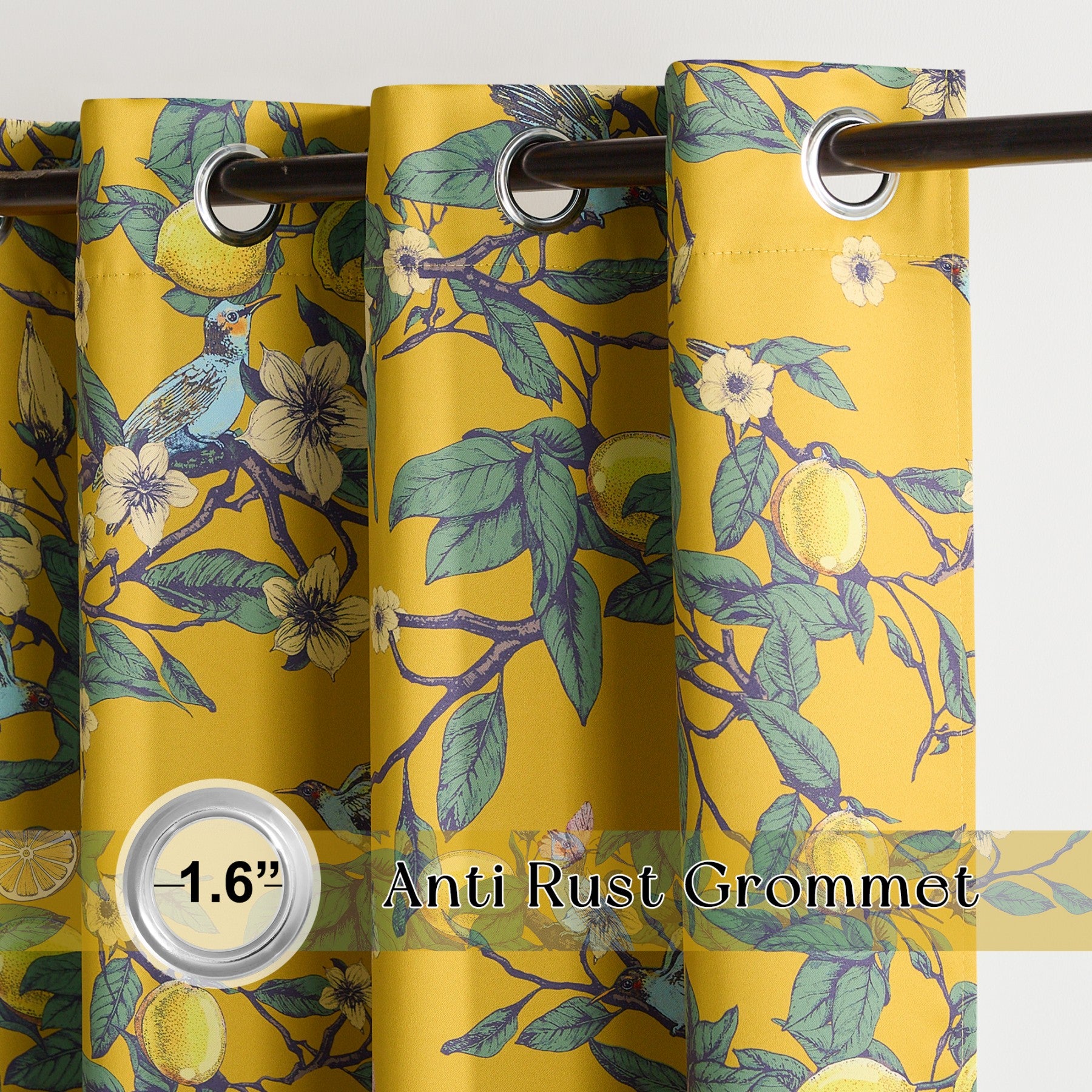 PONY DANCE Rideaux Occultants Motif Colibri Citron Style Illustration Mid Century pour Salon, Chambre, 2 Panneaux, L 132 x H 220 cm, Jaune Moutarde