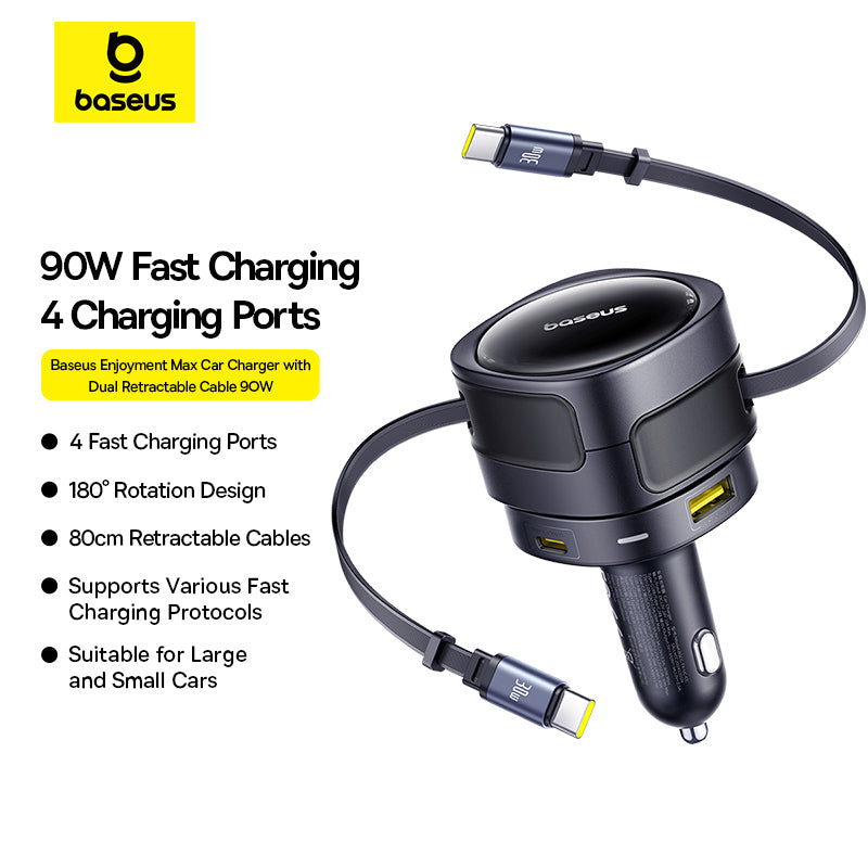 Baseus Plaisir de voyage Max chargeur de voiture version double câble + double port (C+L)+(U+C) 90W noir interstellaire