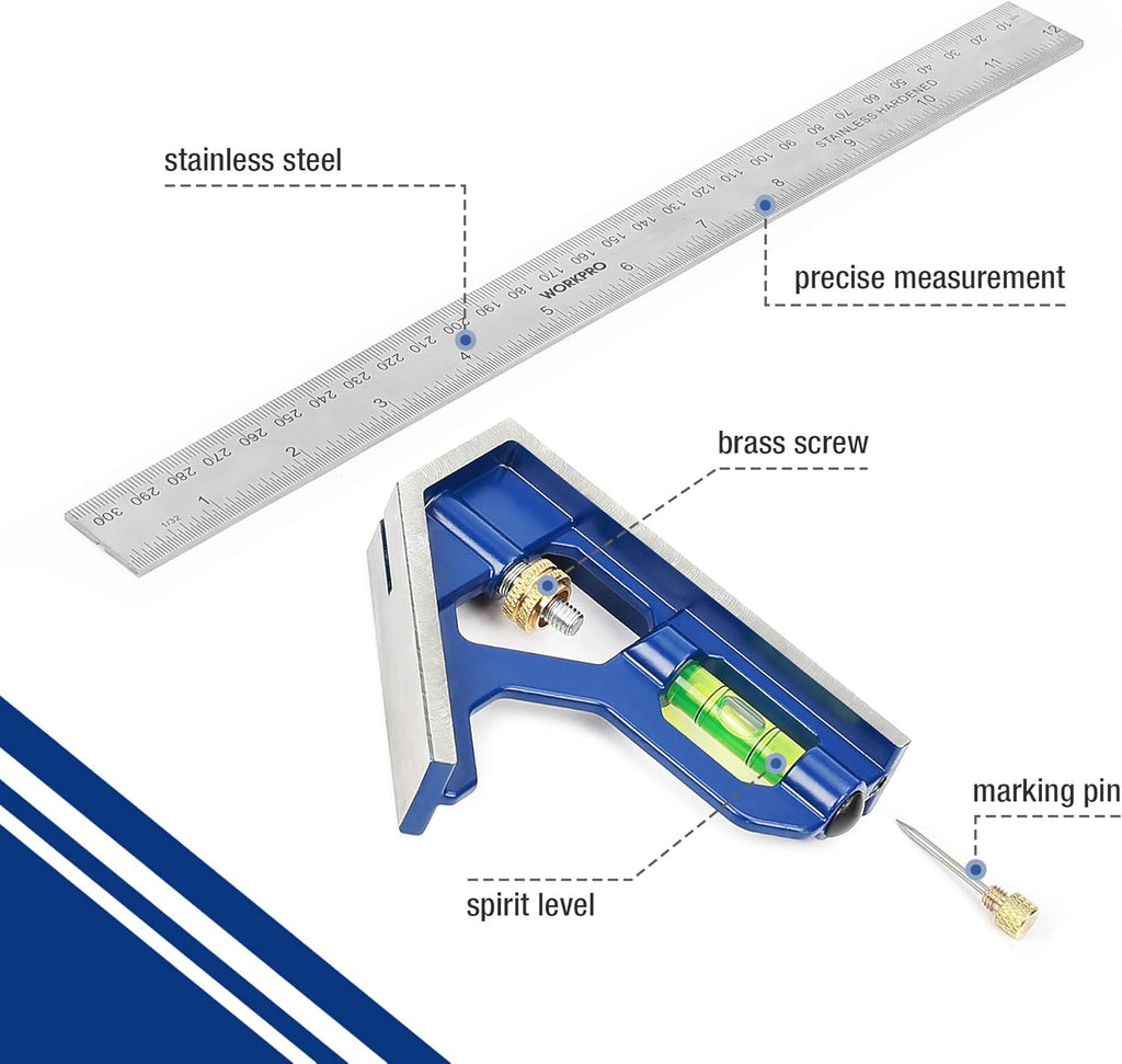 WORKPRO Équerre combinée 12in/300 mm, construction en acier inoxydable et zinc, 32 cm, bleu transparent, graduation 0-300 mm, outil de mesure pour ingénieurs et menuisiers