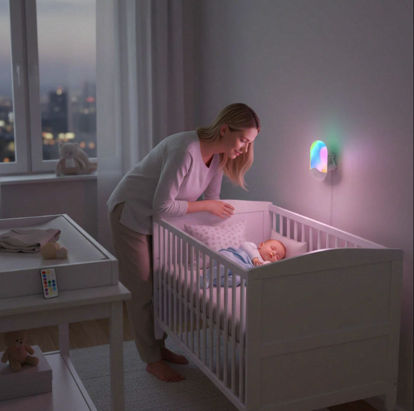 Lichty Veilleuse RGB télécommandée, 7 couleurs, SMD LED, 0,5 W, 110–220 V, ABS + métal, fonction de minuterie, pour chambre et chambre d’enfant