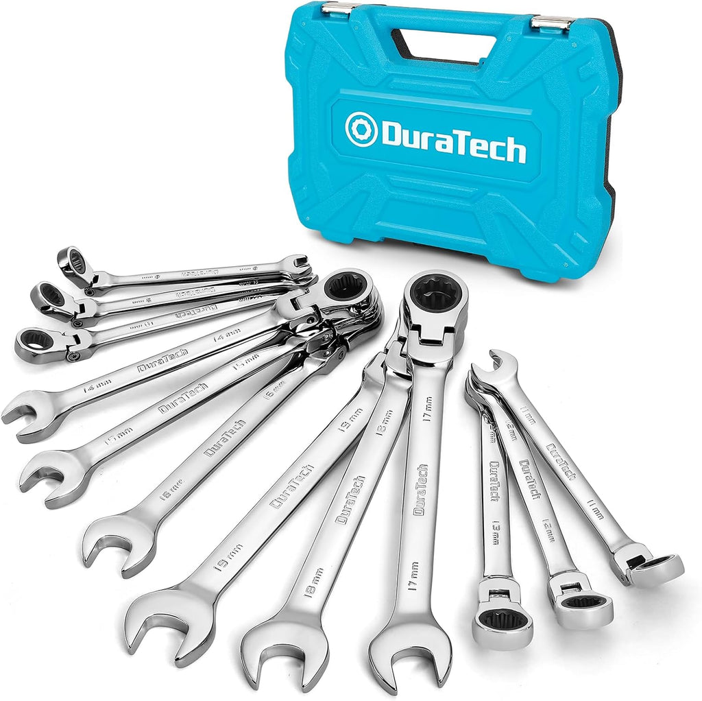 DURATECH Jeu de 12 clés à cliquet à tête flexible, 8-19 mm, Acier Cr-V | Design à tête flexible à 180°, Cliquet à 72 dents, Acier chrome-vanadium, Bout fermé à 12 points