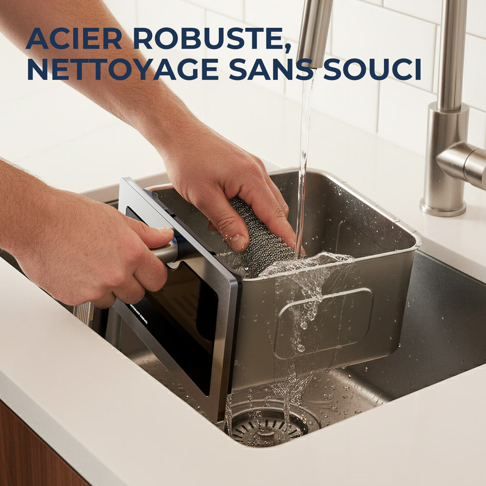ROUNY Friteuse sans huile 6,5 L, friteuse entièrement en acier inoxydable avec hublot de visualisation, commande par molette classique, cuisson sans rotation