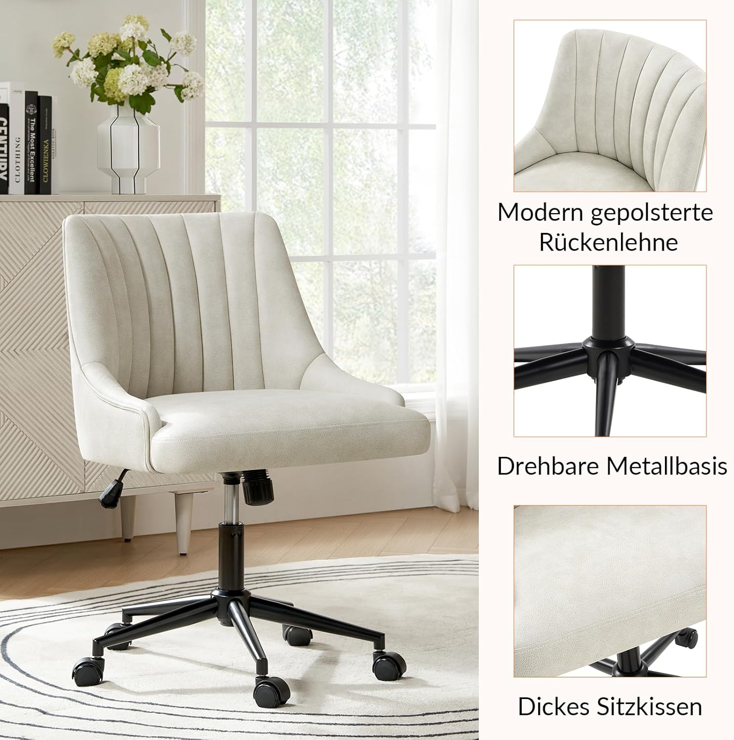 HULALA HOME Chaise de bureau moderne sans accoudoirs avec assise rembourrée, dossier matelassé, pivotante 360° à hauteur réglable et structure en métal robuste - Blanc