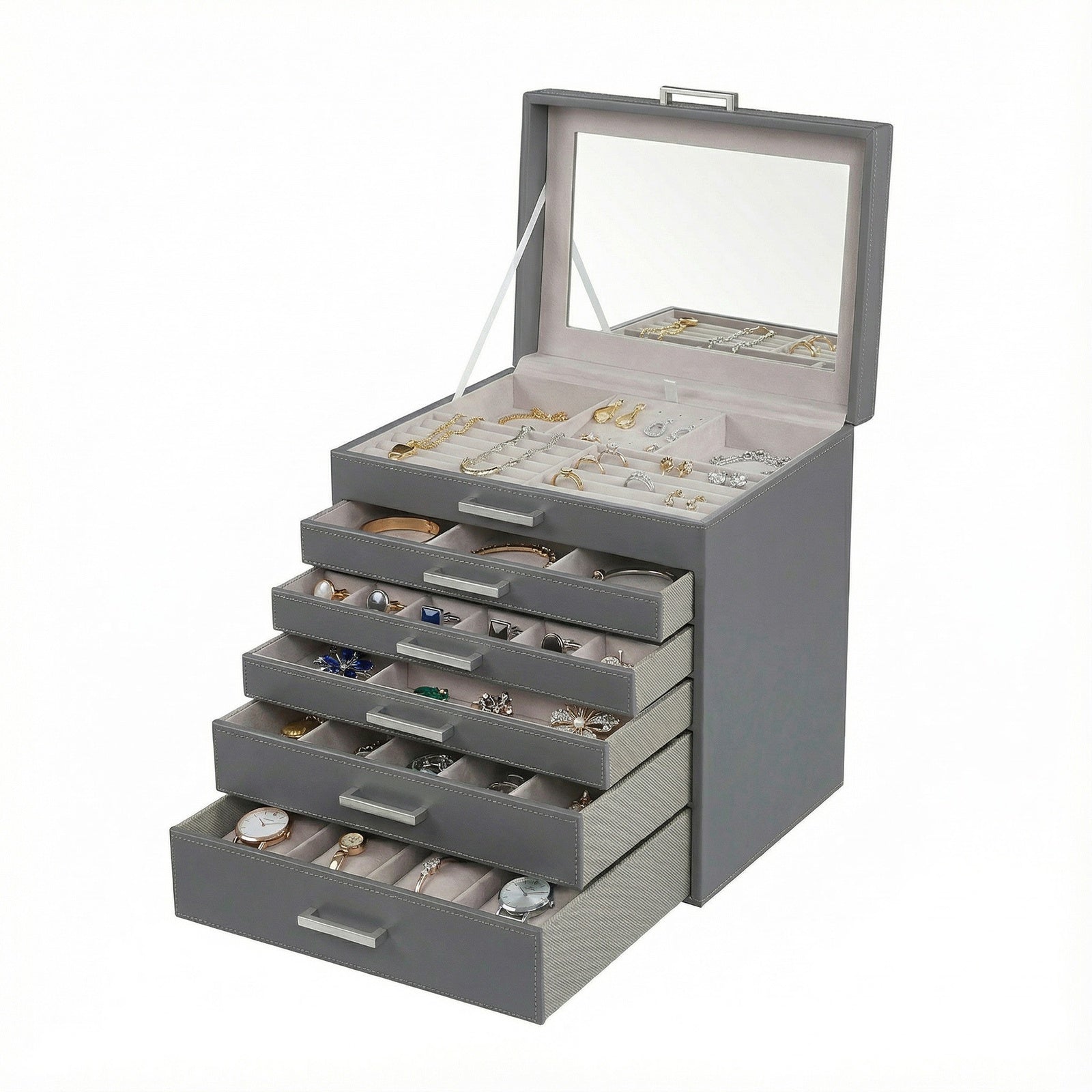 JOYFURNOS Boîte à Bijoux 6 Niveaux, Écrin à Accessoires, avec Grand Miroir, 5 Tiroirs, Rangement pour Bijoux, Moderne, Gris