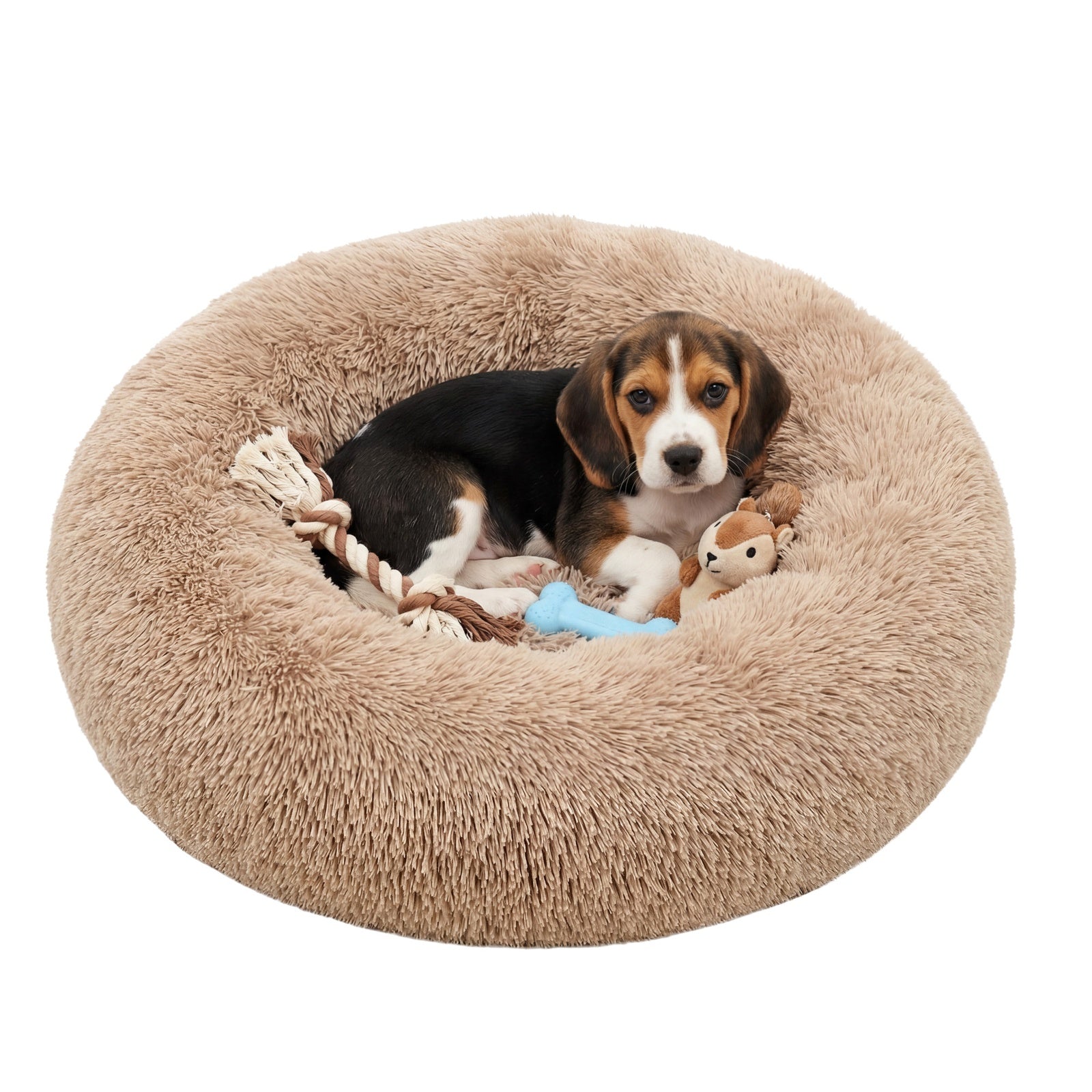 JOYFURNOS Lit pour cage de chien en peluche apaisant en forme de donut avec housse amovible et lavable en machine, camel, 70 x 20 cm