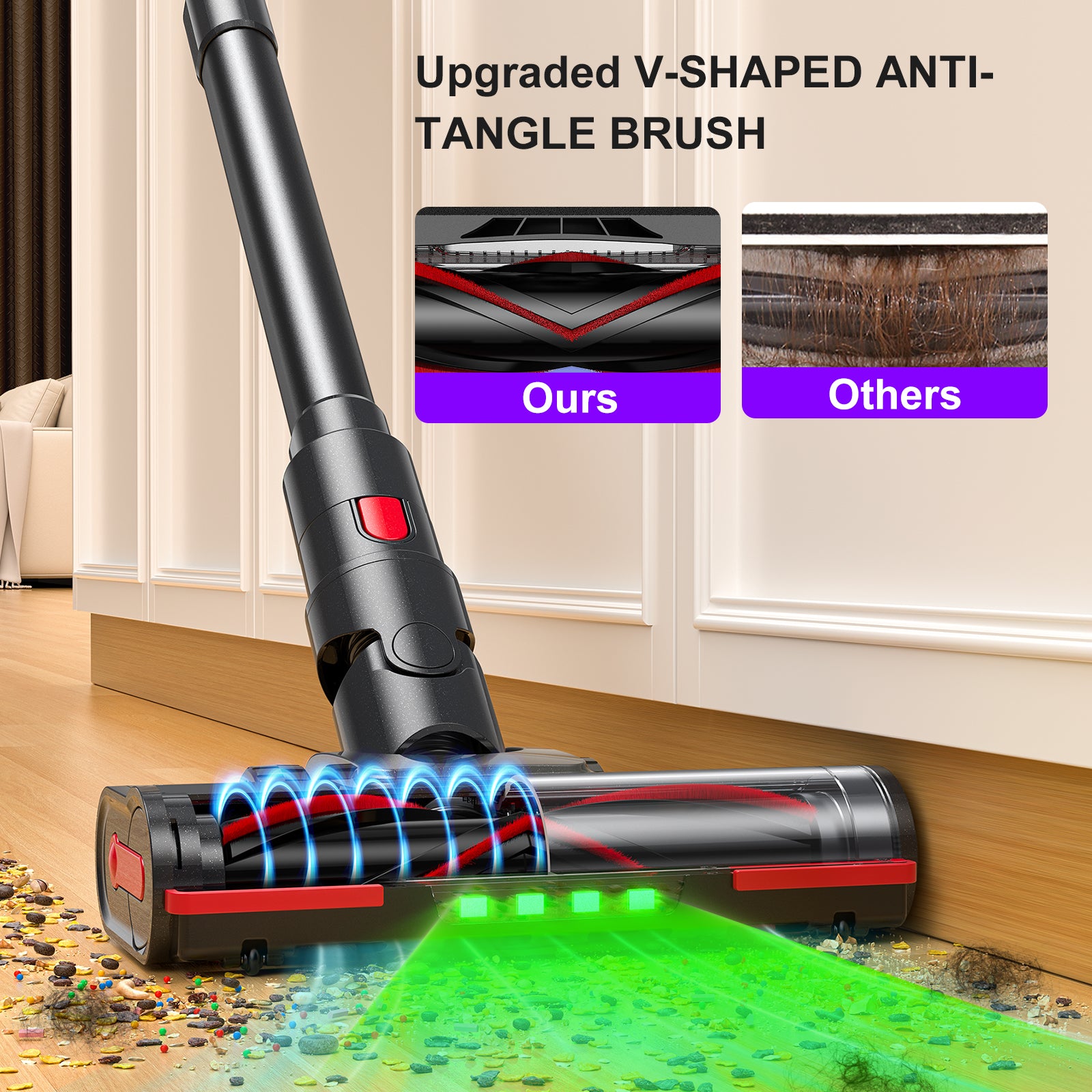 Lubluelu G11 Aspirateur balai sans fil avec puissance d’aspiration 45kPa avec brosse anti enchevêtrement, tête LED verte améliorée et 12 accessoires inclus - 43 x 30,2 x 19,5 cm / 3,5 kg