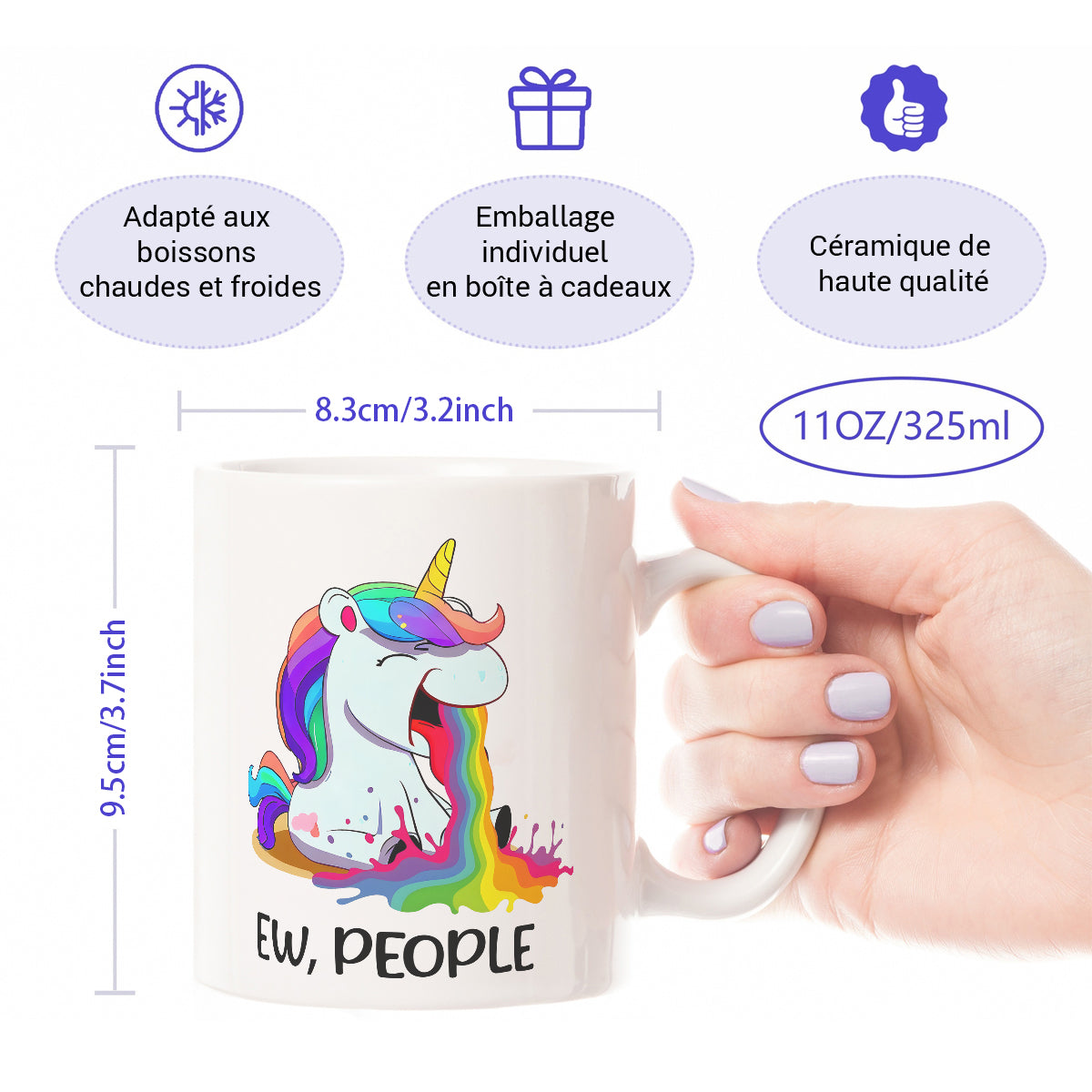 Alphynix Mug blanc 1 pièce 11 oz avec citation impertinente "BEURK, LES GENS" et licorne crachant un arc-en-ciel, cadeau amusant contrasté de Noël ou de Thanksgiving