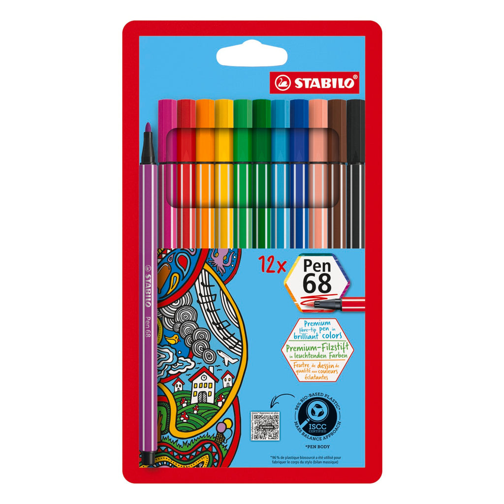 STABILO Pen 68 Marqueurs à pointe fibre de qualité supérieure - Lot de 12 - 12 couleurs assorties