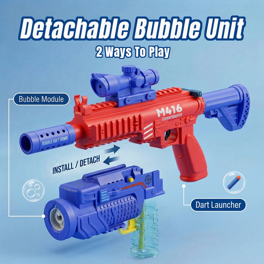 Tokky Pistolet Jouet 2-en-1 pour Enfants, Machine à Bulles Entièrement Automatique et Lanceur de Pistolet à Fléchettes Souples à Ventouse