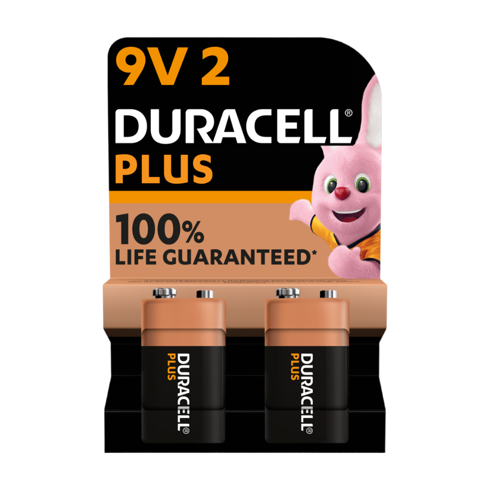 DURACELL Plus Lot de 2 piles 9 V alcalines, durée de vie garantie à 100%, idéales pour les appareils du quotidien, emballage 0% plastique, conservation 5 ans - 6LR61 MN1604