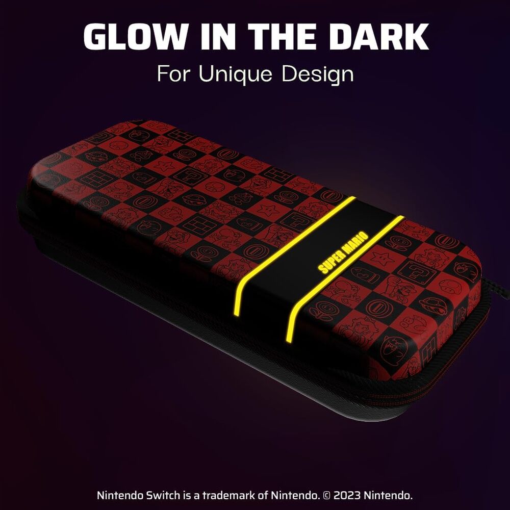 PDP Sacoche Rigide Travel Case Plus Nintendo Switch, Switch Lite et Switch OLED - Poches Accessoires - Licence Officielle Super Mario - Design Lumineux 3D - Motif Glow Super Icon - Rouge