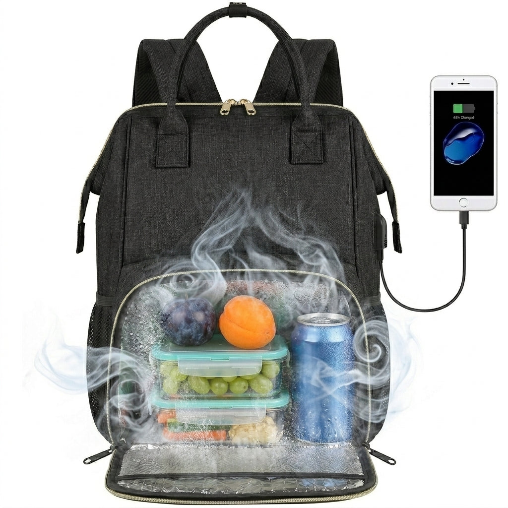 Sac à dos de voyage isotherme pour ordinateur portable 15,6 pouces pour femmes et hommes avec port USB, fonction glacière imperméable, Noir