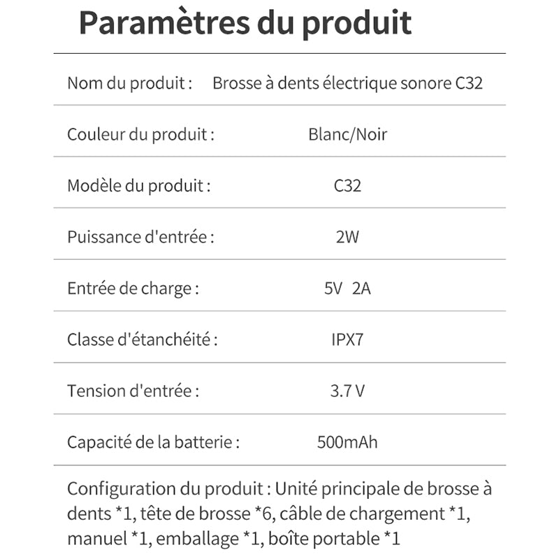 Rushi R-C32 Brosse à dents électrique, Tête de brosse sans cuivre, Étanche IPX7, Blanc
