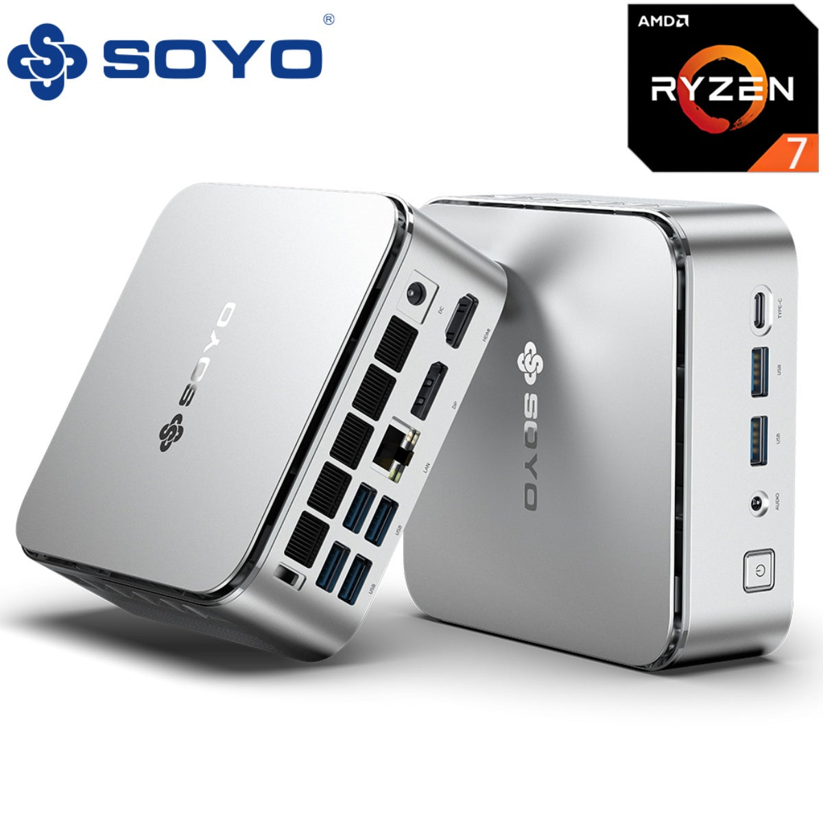 SOYO S4PLUS Mini PC Ryzen 7 H 255 (8 cœurs / 16 threads, jusqu'à 4,9 GHz) Mini ordinateur de bureau 24 Go LPDDR5 RAM 512 Go SSD PCIe 3.0