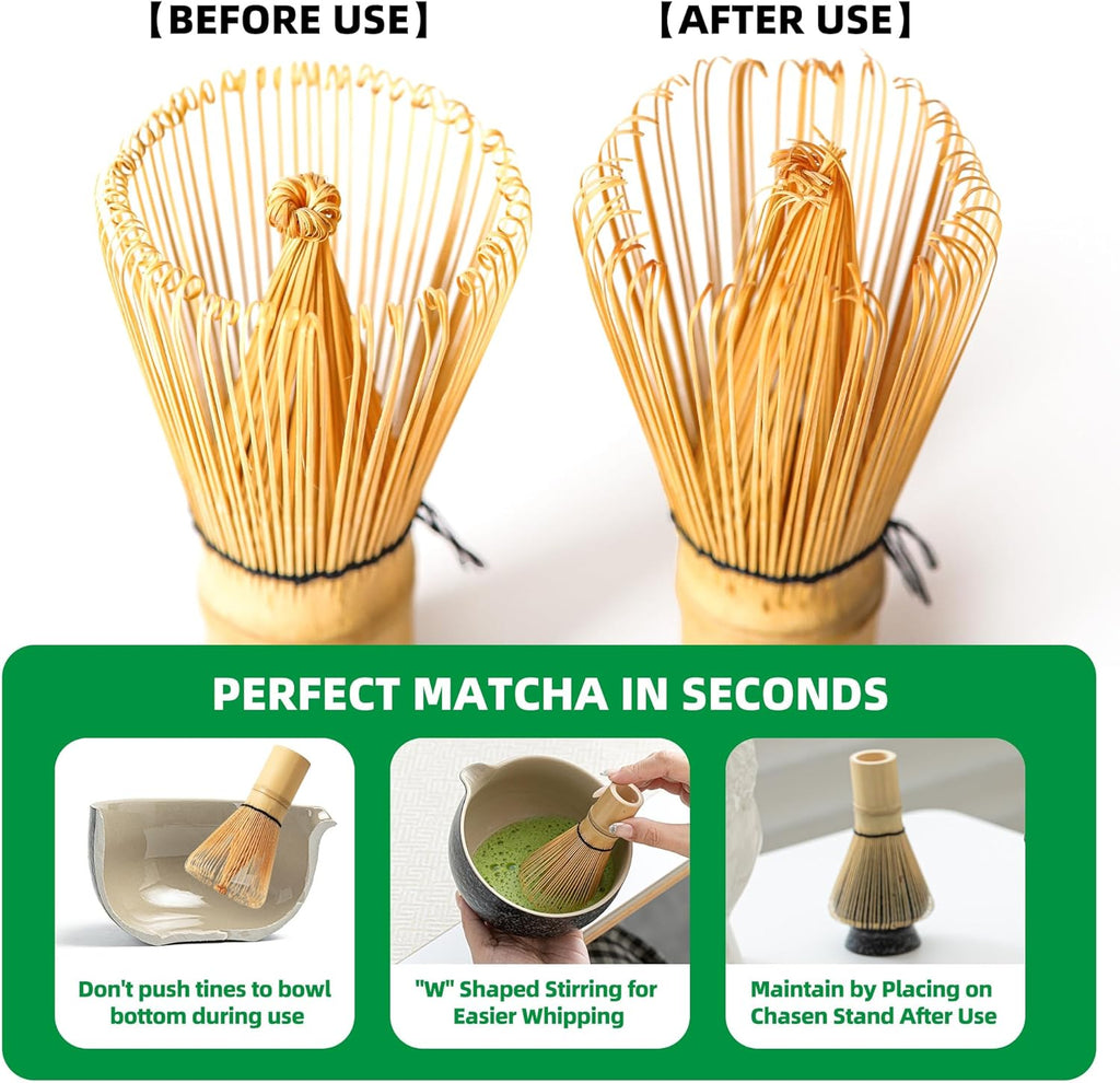TEANAGOO TG-I7 Ensemble de fouet à matcha 6 pièces avec Chasen en bambou 100 brins, Porte-fouet vert, Cuillère-pelle Chashaku et Tamis à matcha